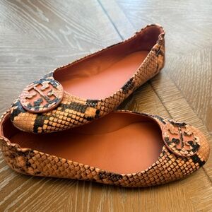 Tory Burch Orange Snake-Print Reva Flats with Logo Medallion